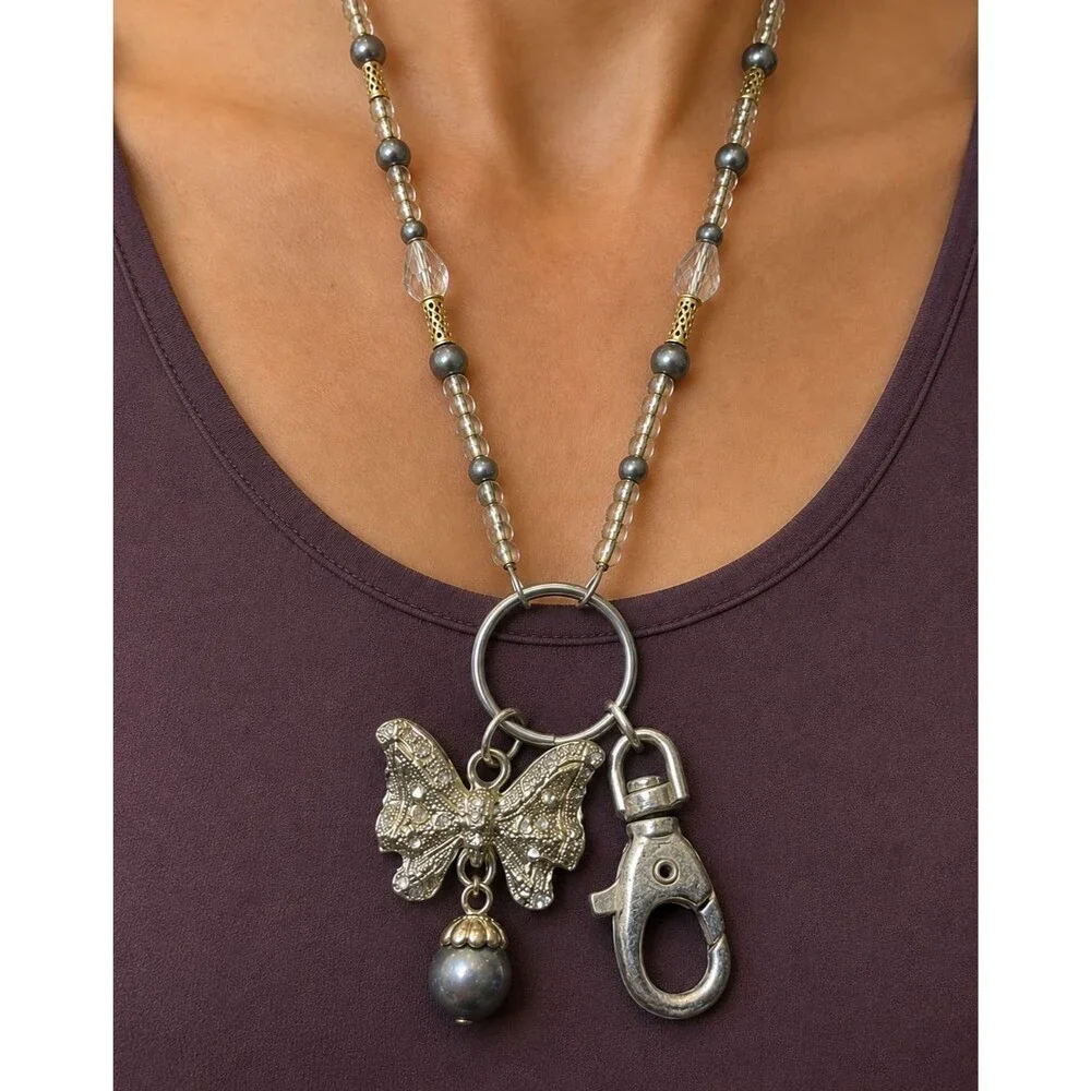 Butterfly Beaded ID Badge Holder Lanyard 32 Inch Gray Silver Tone Swivel Clip